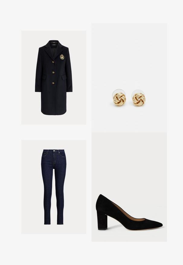 Tamsiai mėlynas paltas iš vilnos mišinio su įpjauta apykakle, auksinėmis sagomis ir herbo detalėmis. Turi du priekinės kišenes ir pritaikytą siluetą.; Kreminės spalvos trumpomis rankovėmis viršus su valtine apykakle, pagamintas iš minkštos medžiagos. Turi užlenktas rankovių apykakles ir aptemptą siluetą.; Tamsiai mėlynos siauros džinsinės kelnės. Su aukštu juosmens juostos dizainu, priekinėmis kišenėmis ir mažuoju metaliniu mygtuku prie užtrauktuko. Tvarkingas apdaila.; Juodos zomšo aukštakulnės bateliai su smailiu nosiu ir bloko kulnu. Dizainas pasižymi sklandžia tekstūra ir klasikine siluetu.; Aukso spalvos mazgo auskarai su sukimo dizainu. Kiekvienas auskaras turi apvalų skaidrų pagrindą, užtikrinantį saugų dėvėjimą.