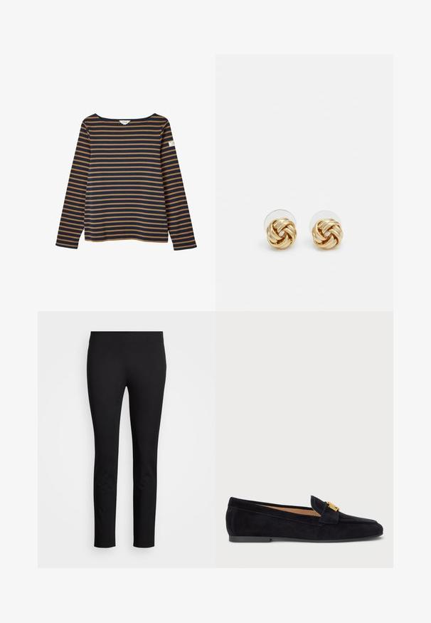 Wool-blend navy coat with a notched collar, gold buttons, and crest detail. Features two front pockets and a tailored silhouette.; Striped long-sleeve top in navy and mustard yellow, featuring a boat neckline and a small logo patch on the left sleeve. Soft cotton fabric.; Black leggings made of stretchy material, featuring a slim fit design and smooth texture with no visible patterns or accents.; Navy blue suede loafers with a rounded toe, leather lining, and gold metal accent on the upper. Flat sole, minimalistic design.; Gold-tone knot stud earrings with a twisted design. Each earring features a circular clear backing for secure wear.