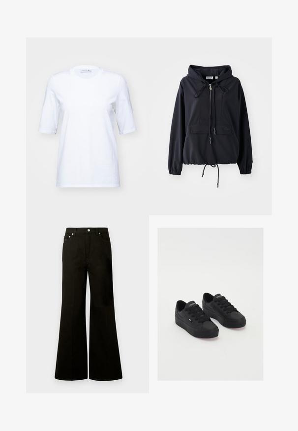 Svart lättvikts hoodie med en framficka, justerbara dragskor på huvan och fållen, samt elastiska muddar. Har Lacoste-logotyp.; Vit bomullströja med korta ärmar, rund halsringning och en subtil broderad logotyp på bröstet. Slät struktur, klassisk passform.; Svarta högmidjade vida jeans med knappar och dragkedja framtill, bälteshällor och fem fickor, inklusive en liten myntficka.; Svart lågtopp sneakers av slätt material, med tjocka snören, en mönstrad sula och en liten logotyp på sidan och tungan.