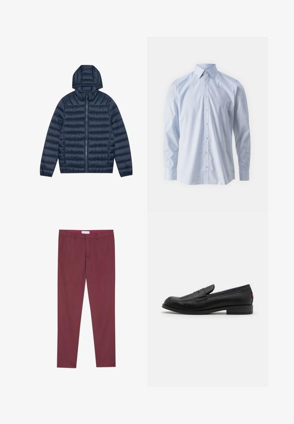 Marineblå pufferjakke med hætte, quiltet tekstur, lynlås-lukning foran og elastiske manchetter. Glat, letvægtsmateriale med en let skinnende finish.; Lyseblå langærmet skjorte med knapper lavet af glat stof, med klassisk krave og knappelukning foran. Enkelt design, uden mønstre.; Burgunderfarvede skræddersyede bukser lavet af glat stof, med vinklede sidelommer, flad front og slim fit.; Sorte læder loafers med en glat finish, rund tå og en lille dekorativ flap. Har en lav stablet hæl og en subtil brandingdetalje.