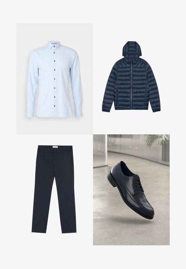 Giacca puffer navy con cappuccio, texture trapuntata, chiusura frontale con zip e polsini elasticizzati. Materiale liscio e leggero con una finitura leggermente lucida.; Camicia a maniche lunghe blu chiaro realizzata in tessuto liscio, con colletto tradizionale e bottoni blu scuro che scorrono lungo la parte anteriore.; Chino blu navy in cotone con una texture liscia, dotati di zip, passanti per la cintura e tasche laterali per funzionalità.; Scarpa da cerimonia in pelle nera lucida con lacci, sospesa sopra un pavimento grigio chiaro e con barre metalliche verticali sullo sfondo.