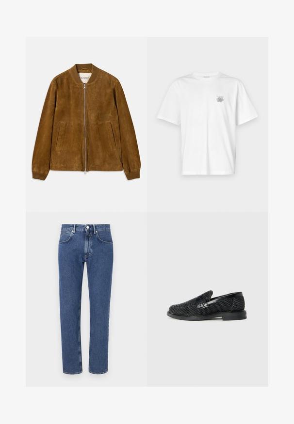 CLOSED Δερμάτινο μπουφάν - light mocha brown; Λευκό μπλουζάκι από βαμβάκι με κοντά μανίκια, στρογγυλή λαιμόκοψη και μικρό γκρίζο λογότυπο στην αριστερή περιοχή του στήθους. Λείο υφασμά.; Μπλε τζιν με σχέδιο ίσιας γραμμής, ενισχυμένες ραφές, πέντε τσ pockets και κλείσιμο με κουμπί μπροστά.; Μαύρο πλεκτό παπούτσι slip-on με λείο δερμάτινο στοιχείο στο άνω μέρος, στρογγυλή μύτη και χαμηλό καουτσούκ πάτο.