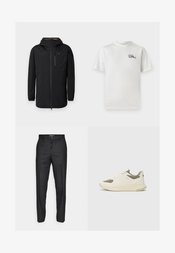 Crna vodootporna jakna s kapuljačom, prednjim zatvaračem, džepom na prsima i elastičnim manžetama. Glatka tekstura, minimalistički dizajn i bez vidljivih uzoraka.; Bijela pamučna majica s okruglim izrezom, kratkim rukavima i malim izvezenim logotipom koji prikazuje planine i tekst na lijevoj strani grudi.; Crne hlače od glatkog materijala, s prednjim dugmadi, ravnim nogavicama i bez vidljivih džepova ili uzoraka.; Bijele i svijetlosmeđe sportske tenisice, sa mrežastim gornjim dijelom, perforiranim detaljima i teksturiranim međutrakom sa brendom na peti.