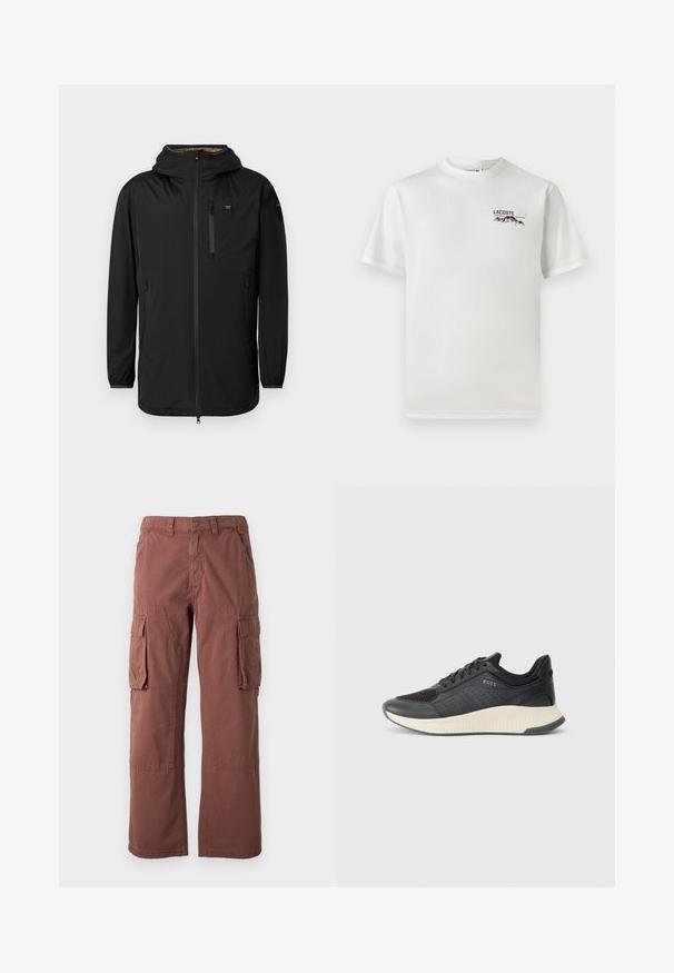 Črna vodoodporna jakna s kapuco, sprednjim zadrgo, žepom na prsih in elastičnimi manšetami. Gladka tekstura, minimalističen dizajn in brez vidnih vzorcev.; Bela bombažna majica s krožnim ovratnikom, kratkimi rokavi in majhnim izvezenim logotipom, ki vsebuje gore in besedilo na levi prsni strani.; Cargo hlače v rjavi barvi, izdelane iz trpežnega materiala. Imajo velike stranske žepke, ravne hlačnice in zapiranje na gumb na pasu.; Črne športne superge z mrežasto zgornjico z perforacijami, teksturiranim srednjim delom v kremni barvi in gumijastim podplatom za oprijem.