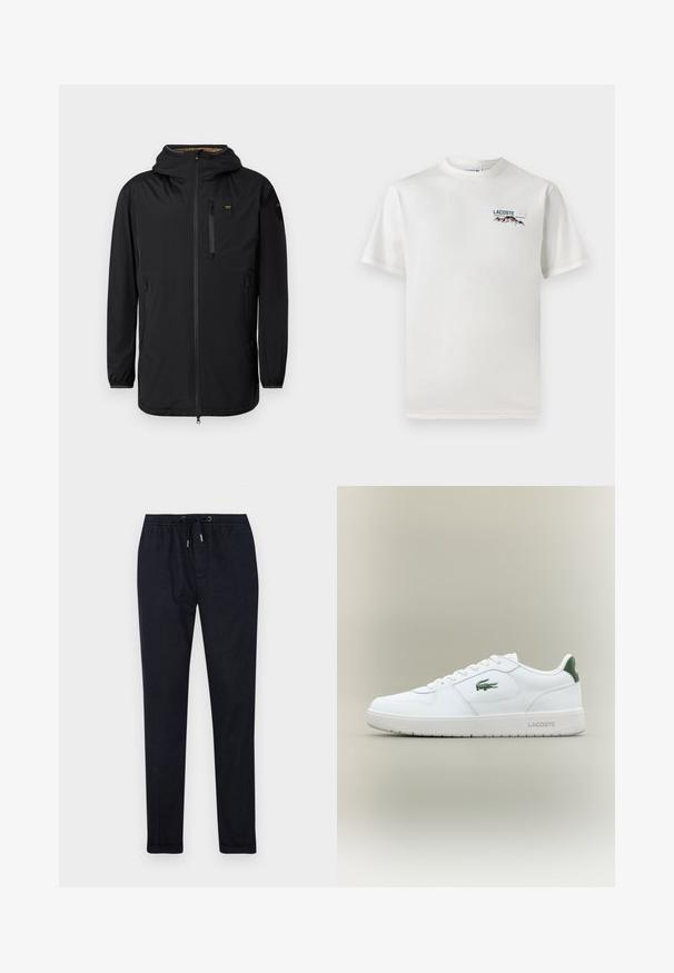 Zwart waterdichte jas met capuchon, frontale rits, borstzak en elastische manchetten. Gladde textuur, minimalistisch ontwerp en geen zichtbare patronen.; Witte katoenen T-shirt met een ronde hals, korte mouwen en een klein geborduurd logo met bergen en tekst op de linkerborst.; Donkere marineblauwe joggingsbroeken met een elastische tailleband, trekkoord, taps toelopende pijpen en een soepele textuur. Inclusief zijzakken en subtiele stiksels.; Witte leren sneaker met een gladde afwerking, groene accenten op de hak en een groen logo aan de zijkant. Beschikt over een platte zool en een ronde neus.