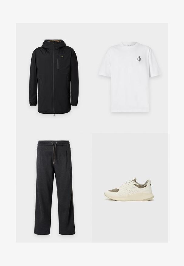 Black waterproof jacket with a hood, front zipper, chest pocket, and elastic cuffs. Smooth texture, minimalistic design, and no visible patterns.; White cotton t-shirt with a relaxed fit, featuring a small black graphic logo on the left chest area. Short sleeves, crew neck style.; Dark gray joggers with a soft texture, elastic waistband, drawstring closure, and side seams featuring contrasting accents. Wide-leg design.; White and light beige athletic sneaker, featuring a mesh upper, perforated detailing, and a textured midsole with branding on the heel.