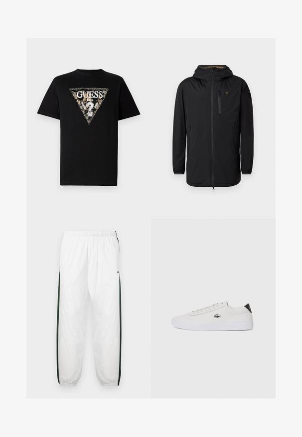 Černá nepromokavá bunda s kapucí, předním zipem, náprsní kapsou a elastickými manžetami. Hladká textura, minimalistický design a žádné viditelné vzory.; Černé bavlněné tričko s trojúhelníkovým potiskem loga ve zlaté a bílé barvě s květinovými akcenty a textem "GUESS" uprostřed.; Bílé tepláky s tmavě zelenými postranními panely. Lehký materiál, elastický pas a stahované lemy. Obsahují síťovanou texturu na postranních panelech.; Bílé kožené tenisky s kulatou špičkou, šněrováním vpředu a černým akcentem na patě. Na boku se nachází malé vyšívané logo krokodýla.