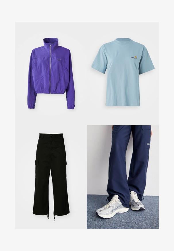 Violetti vetoketjullinen takki, joka on valmistettu kevyestä kankaasta, ja siinä on korkea kaulus sekä elastinen helma. Vasemmassa rinnassa on pieni logo.; Vaaleansininen lyhythihainen puuvillapaita, jossa on pyöreä kaula-aukko ja pieni keltainen ja punainen Carhartt-logo vasemmalla rinnalla.; Mustat cargo-housut, jotka on valmistettu puuvillasta. Niissä on leveät lahkeet, sivutaskut ja nyörikujat lahkeissa. Mallissa on nappikiinnitys vyötäröllä.; Nike urheilukengät hopeisella verkkopinnalla, valkoisilla yksityiskohdilla ja teksturoiduilla pohjilla, yhdistettyinä löysiin tummansinisiin housuihin.