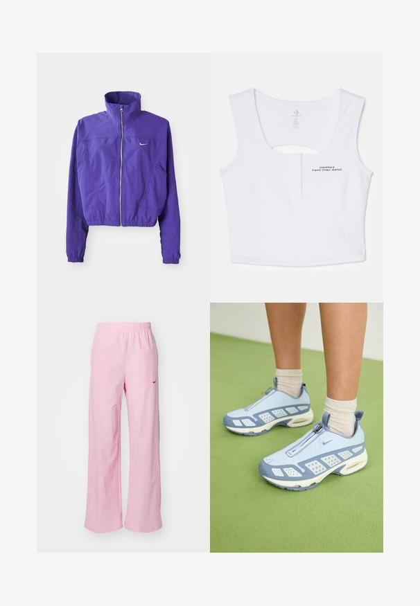 Vijolična zadrga jakna iz lahkega blaga, ki ima visok ovratnik in elastičen rob, s Small logotipom na levem prsnem delu.; Beli kratek top iz mešanice bombaža. Ima izrez v obliki ključavnice na hrbtni strani in črne tiskane logotipne podrobnosti spredaj.; Roza hlače z elastiko v pasu in sproščenim fitom. Imajo rdeči logotip na levi strani in gladko, lahkotno teksturo.; Svetlo modre športne čevlje z belimi poudarki, teksturiranimi paneli in zadrgo. Vključujejo vidno zračno oblazinjenje v podplatu in gumijast podplat.