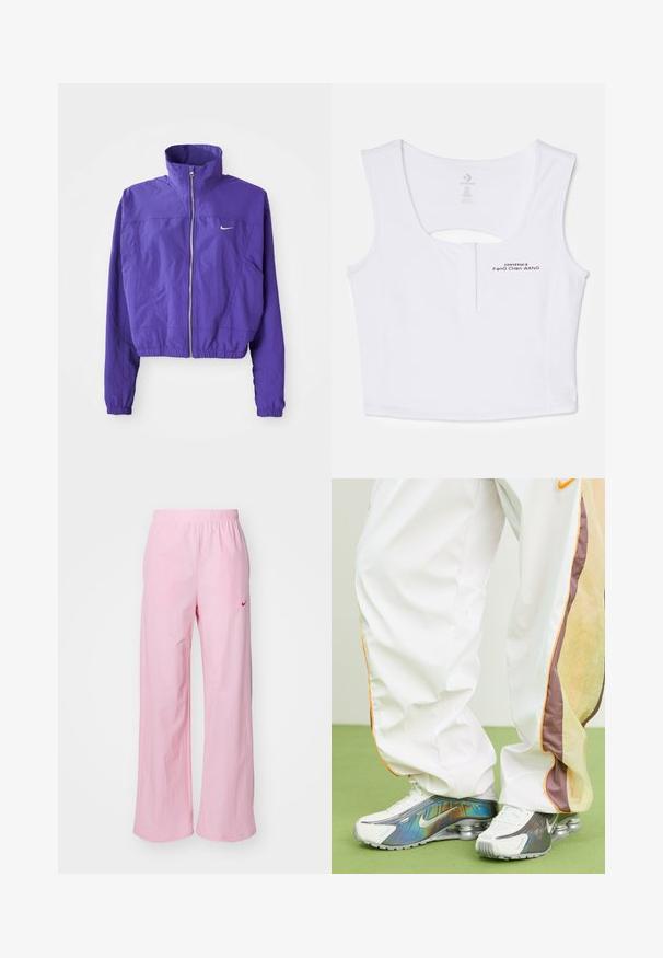 Lila Zip-Jacke aus leichtem Stoff, mit hohem Kragen und elastischem Saum, ausgestattet mit einem kleinen Logo auf der linken Brust.; Weißes, kurzes Tanktop aus Baumwollmischung. Verfügt über einen Schlüsselaugen-Ausschnitt am Rücken und schwarze Logo-Details auf der Vorderseite.; Rosa Hosen mit elastischem Bund und lässiger Passform. Sie verfügen über ein rotes Logo auf der linken Seite und eine glatte, leichte Textur.; Weiße, leichte Jogginghose mit orangefarbenen und braunen Akzenten, kombiniert mit silbernen und weißen Nike-Sneakern, die ein reflektierendes Design und sichtbare Air Pods aufweisen.