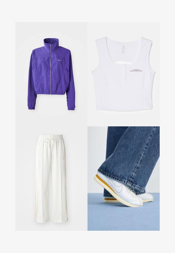 Violeta džemperis ar rāvējslēdzēju, izgatavots no viegla auduma, ar augstu apkakli un elastīgu apakšmali, ar mazu logotipu kreisajā krūtī.; Balts īsais topiņš, kas izgatavots no kokvilnas un sintētisko šķiedru maisījuma. Aizmugurē ir atslēgvārda griezums, un priekšā ir melna logo drukas detaļa.; Baltas platās sporta bikses ar elastīgu jostu un auklu, ar smalku bežīgu sānu paneļu un reljefa logotipa detaļu.; Baltas ādas tenisa apavi ar dzelteniem akcentiem, apaļš purngals un teksturēta gumijas zole, apvienoti ar tumši ziliem džinsiem ar platām kājām.