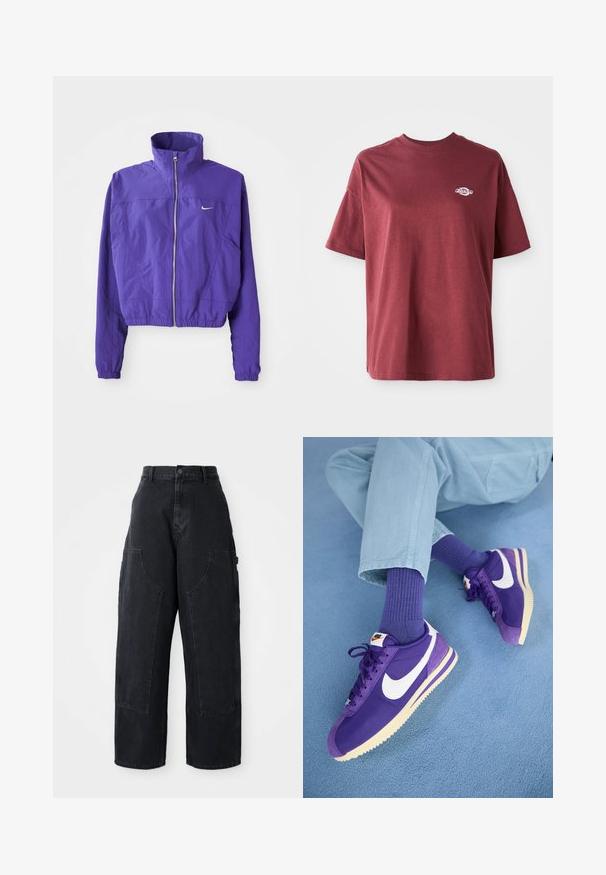 Ljubičasta jakna na patentni zatvarač od laganog materijala, sa visokim ovratnikom i elastičnom donjim rubom, te malim logom na lijevoj strani prsiju.; Bordo pamučna majica s okruglim izrezom, kratkim rukavima i malim bijelim logotipom na lijevoj strani prsnog dijela. Glatka tekstura, opušteni kroj.; Crne traper široke cargo hlače s visokim strukom, dva velika prednja džepa i zatvaranjem na dugme u struku. Glatka tekstura, ležeran dizajn.; Nike Sportswear CORTEZ - Tenisice - field purple/summit white/alabaster