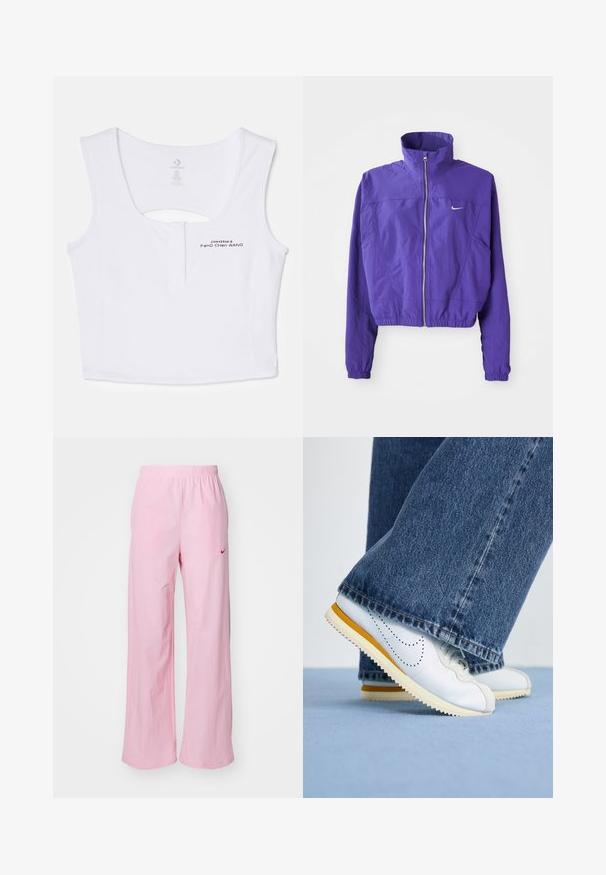 Lilla zip-up jakke lavet af letvægtsstof, med højt krave og elastisk fald, samt et lille logo på venstre bryst.; Hvid crop tank top lavet af en bomuldsblanding. Har en nøglehulsskæring på ryggen og sorte trykte logodetaljer på fronten.; Lyserøde elastik-bukser med afslappet pasform. Har et rødt logo på venstre side og en glat, let struktur.; Hvide lædersneakers med gule accenter, rund tå og tekstureret gummisål, parret med mørkeblå denim flared bukser.
