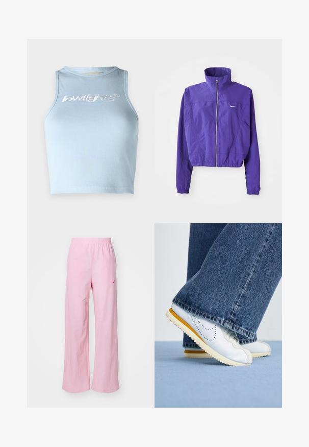 Purple zip-up jacket made of lightweight fabric, featuring a high collar and elastic hem, with a small logo on the left chest.; Light blue ribbed crop top with a round neckline and sleeveless design. Features white embroidered text on the front.; Pink elastic-waist pants with a relaxed fit. Features a red logo on the left side and a smooth, lightweight texture.; White leather sneakers with yellow accents, round toe, and textured rubber sole, paired with dark blue denim flared pants.