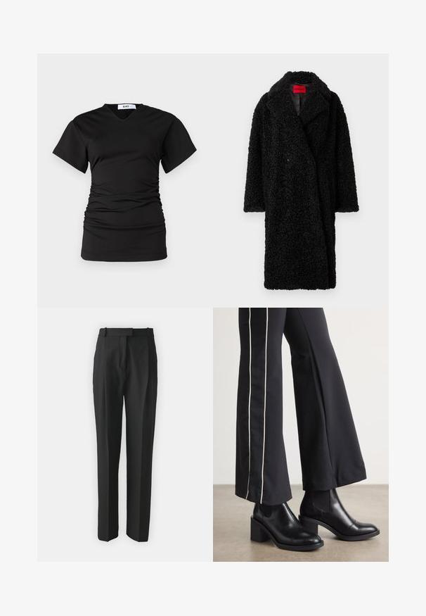 Černý dlouhý teddy kabát s širokým límcem, texturovanou zvlněnou tkaninou a viditelnou červenou etiketou "HUGO" uvnitř výstřihu.; DAY Birger et Mikkelsen BRAXTON MODERN - Jednoduché tričko - black; Černé kalhoty na míru vyrobené z lehkého materiálu, s rovnými nohavicemi, plochým předním dílem a poutek na opasek. Hladký povrch bez viditelných vzorů.; Černé kožené kotníkové boty na blokovém podpatku, s elastickými bočními panely. V kombinaci s černými kalhotami, které mají bílý boční pruh.