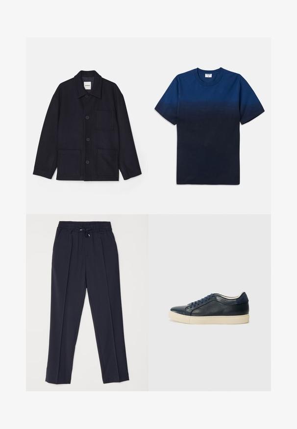 Jachetă bleu marin dintr-un amestec de lână, cu guler, închidere cu nasturi și două buzunare frontale. Textură netedă și design simplu.; Tricou din bumbac bleumarin cu guler rotund, mâneci scurte și un design subtil în degradé care trece de la nuanțe mai deschise la nuanțe mai închise.; Pantaloni bleumarin cu talie elastică și șnur. Prezintă două pliuri frontale și picioare conice pentru o siluetă structurat.; Sneaker din piele de culoare albastră închisă, cu talpă din cauciuc crem, având șireturi albastre și o textură netedă. Vârful rotund și design minimalist.