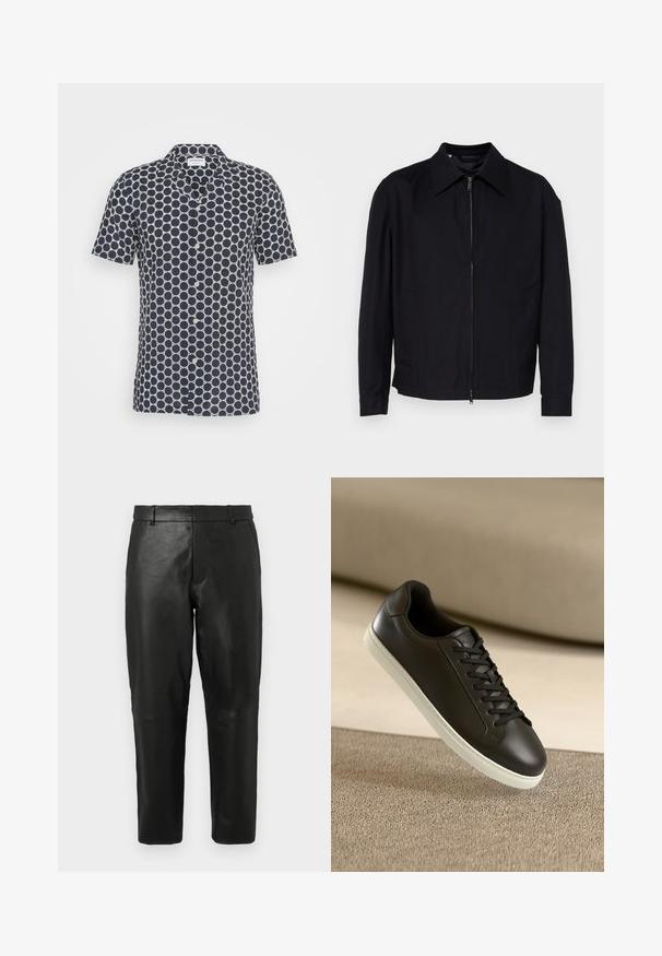 Chaqueta negra de tela con una textura suave, con cierre frontal con cremallera, cuello puntiagudo y dos bolsillos laterales.; Camisa de manga corta azul marino con un patrón circular en blanco, con una parte delantera abotonada y una textura de tela suave.; Pantalones rectos de cuero negro con lazos para cinturón y bolsillos laterales, exhibidos sobre un fondo claro y sencillo.; Zapatilla de cuero negra con suela de goma blanca y cordones negros, posicionada sobre una superficie y fondo de tela beige.