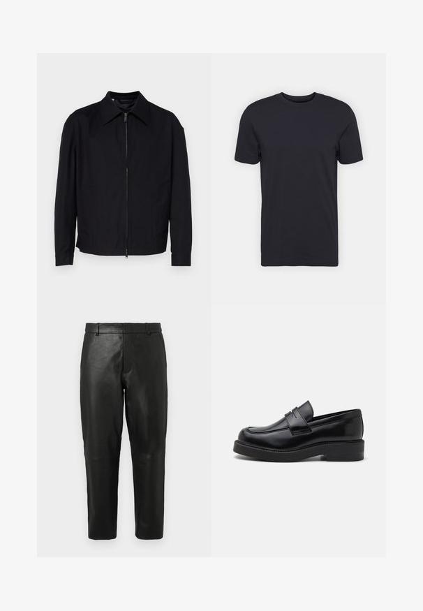 Sort jakke lavet af stof med en glat tekstur, med lynlåslukning foran, spidse krave og to sidelommer.; Sort bomulds t-shirt, korte ærmer, rund halsudskæring, ensfarvet, let stof, glat tekstur, ingen synlige mønstre eller grafik.; Sorte læder lige-bein bukser med bæltestropper og sidelommer, præsenteret mod en enkel lys baggrund.; Sorte læder loafers med en rund tå, dekorativ forkantssyning og en tyk gummisål. Glat tekstur med en poleret finish.