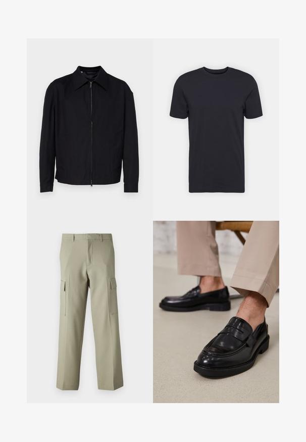 Sort jakke lavet af stof med en glat tekstur, med lynlåslukning foran, spidse krave og to sidelommer.; Sort bomulds t-shirt, korte ærmer, rund halsudskæring, ensfarvet, let stof, glat tekstur, ingen synlige mønstre eller grafik.; Lysgrønne cargo-bukser med lige ben, der har sidelommer og en glat stofoverflade. Bagsiden vises.; Sorte lædermokkasiner med en glat overflade, der har en dekorativ rem og kontraststing, parret med beige bukser.
