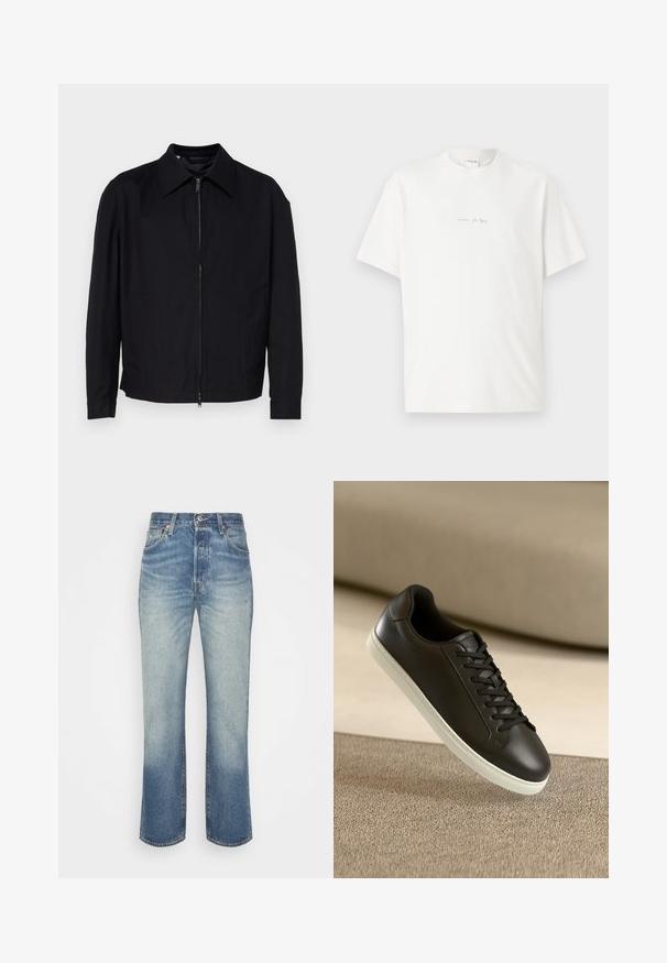 Chaqueta negra de tela con una textura suave, con cierre frontal con cremallera, cuello puntiagudo y dos bolsillos laterales.; Camisa de algodón blanca con cuello redondo, mangas cortas y un pequeño logo impreso en la parte delantera. Textura suave y corte relajado.; Jeans de denim azul claro con un diseño de pierna recta, que presentan un lavado desgastado, cinco bolsillos y un cierre de botón en la cintura.; Zapatilla de cuero negra con suela de goma blanca y cordones negros, posicionada sobre una superficie y fondo de tela beige.