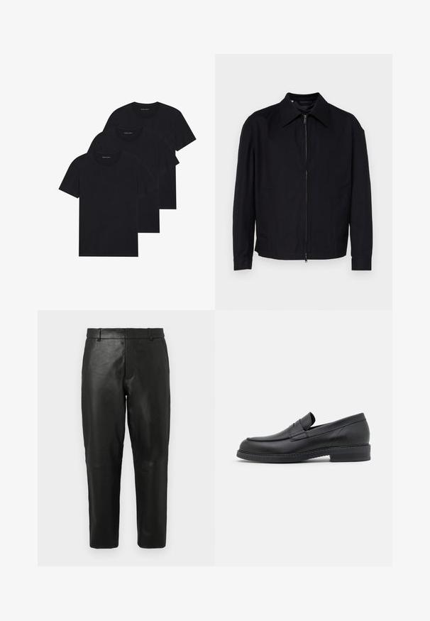Chaqueta negra de tela con una textura suave, con cierre frontal con cremallera, cuello puntiagudo y dos bolsillos laterales.; Tres camisetas de algodón negras con cuello redondo, mangas cortas y un diseño simple. Cada camiseta presenta un logo visible cerca del escote.; Pantalones rectos de cuero negro con lazos para cinturón y bolsillos laterales, exhibidos sobre un fondo claro y sencillo.; Mocasines de cuero negro con punta redondeada, detalle de costura y un tacón bajo y grueso. Presenta una textura suave y un diseño minimalista.