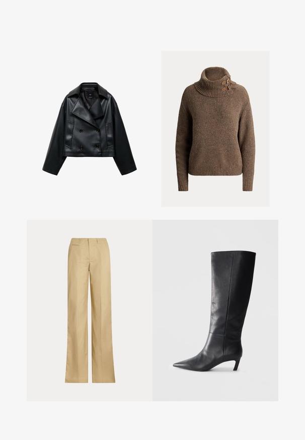 Skrajna črna jakna iz umetnega usnja z dvorednim zapenjanjem, širokimi reverji in tremi sprednjimi gumbi. Gladka tekstura in dva poševna žepa.; Rjava pletena jopica z visokim rebrastim ovratnikom. Ima dva rjava pasova na ovratniku in mehak, teksturiran zaključek.; Bež hlače širokega kroja iz gladkega bombaža, z klasičnim pasom in zadnjim žepom, ravnim krojem in minimalnimi detajli.; Črne usnjene čizmice do kolen z usnjenim konico, strukturirano zasnovo in zmerno peto. Gladka tekstura, minimalni šivi.