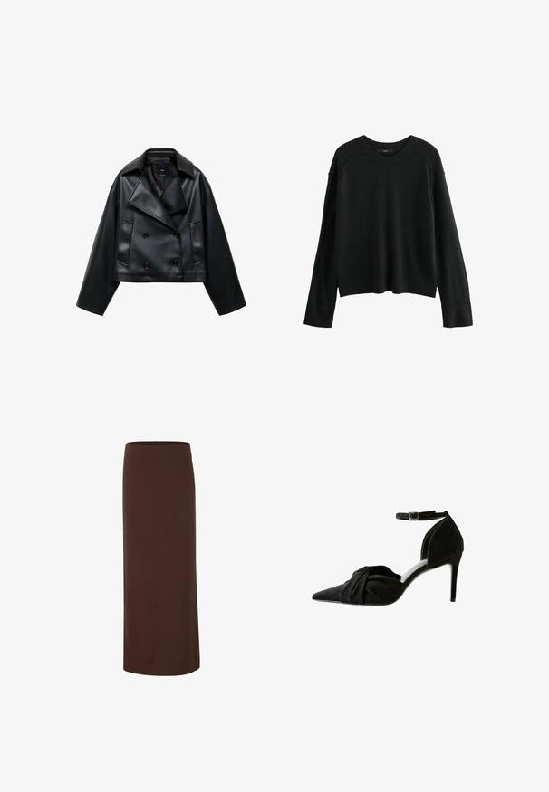 Veste en simili cuir noir coupée, avec un design croisé, des revers larges et trois boutons à l'avant. Texture lisse et deux poches angulaires.; Next COSY CREW NECK - Pullover - black; Jupe midi marron en tissu lisse, dotée d'une taille ajustée et d'une silhouette droite sans motifs ni accents visibles.; Escarpin en daim noir à talon haut avec un bout pointu, un détail noué à l'avant, une bride de cheville et un talon aiguille fin.