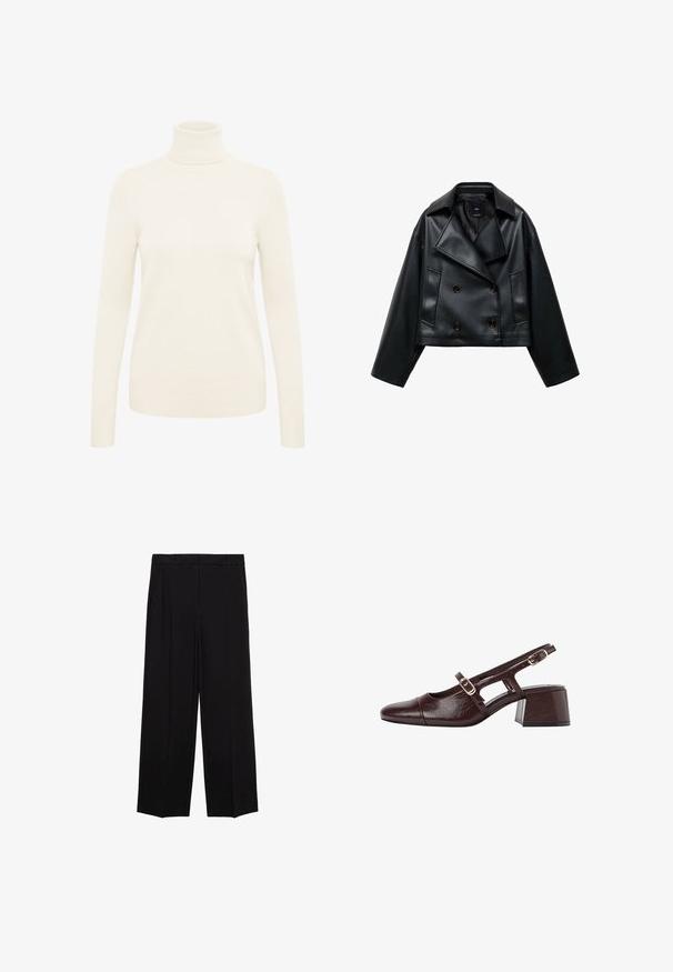 Beskaaret sort faux læderjakke med dobbeltbrystet design, brede revers og tre forknapper. Glat tekstur og to skrå lommer.; Cremefarvet rullekravesweater lavet af et blødt strikstof. Har lange ærmer samt ribbede manchetter og søm.; Sorte brede bukser med en glat stof, der har folder foran og sidelommer, designet med en lige, afslappet pasform.; Brune læder slingback hæle med firkantet tå, udskårne sider og en blokhæl. Har en spænde på ankelremmen.