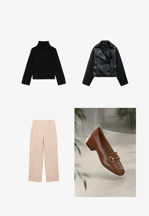 Giacca nera in ecopelle tagliata, con un design doppiopetto, ampi revers e tre bottoni frontali. Texture liscia e due tasche inclinate.; Marc O'Polo TURTLE NECK - Maglione - black; Pantaloni beige a gamba larga realizzati in tessuto liscio, con un frontale piatto dotato di passanti per cintura e senza motivi o decorazioni visibili.; Mocassino in pelle verniciata marrone con punta quadrata, accentato da catena metallica e tacco basso; texture liscia, design minimalista.