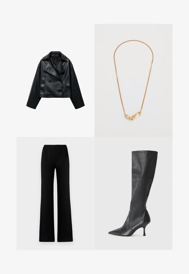 Zkrácená černá koženka s dvojitým zapínáním, širokými klopami a třemi předními knoflíky. Hladký povrch a dvě šikmé kapsy.; Černá dlouhá rukávová košile z hladkého materiálu, s klasickým límečkem, předním zapínáním na knoflíky ve zlatém tónu a širokými manžetami.; Černé široké kalhoty vyrobené z měkké tkaniny s elastickým pasem, s hladkým povrchem a bez viditelných kapes či ozdob.; Černé kožené vysoké boty do kolen s špičatou špičkou a štíhlým jehlovým podpatkem. Hladká textura s přiléhavým střihem a přešitím na horním okraji.; Zlatý řetízek na krk s propleteným designem a obdélníkovým zapínáním s vyrytými detaily. Hladký povrch, minimalistický styl.