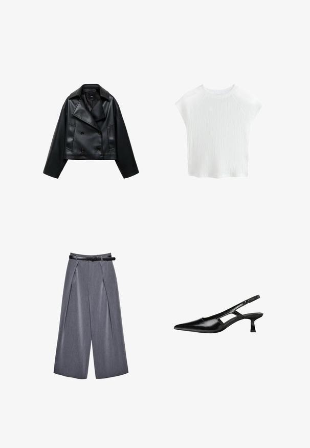 Izrezana crna jakna od umjetne kože s dvostrukim kopčanjem, širokim reverima i tri prednja gumba. Glatka tekstura i dva kuta džepa.; Bijela, teksturirana kratka majica s kratkim rukavima i okruglim izrezom, s raglan rukavima, koja sadrži suptilni valoviti uzorak i lagani materijal.; Široke sive hlače s prednjim naborima i crnim remenom, izrađene od glatke tkanine, prikazane na bijeloj pozadini.; Crne lakirane natikače na remenčić sa špicastim nosom, dizajnom sa izrezima sa strane i malim kvadratnim potplatom. Glatka tekstura s minimalnim akcentima.