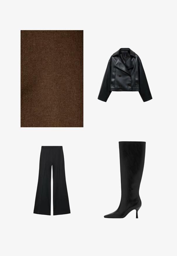 Beskaaret sort faux læderjakke med dobbeltbrystet design, brede revers og tre forknapper. Glat tekstur og to skrå lommer.; Brun hørstof med en blød, struktureret overflade, der har et ensartet mønster og dæmpet tone, velegnet til forskellige tekstilapplikationer.; Sorte brede bukser med en glat tekstur, der har fremadrettede folder og en skræddersyet design. Stofferne er lette og flerdimensionelle.; Sorte læderknæhøje støvler med spids tå og stiletthæl. Glat tekstur med et elegant design, ingen synlige hardware eller dekorationer.