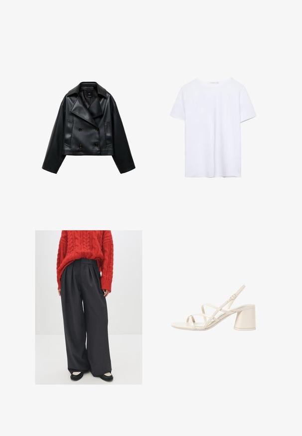 Przycięta czarna kurtka z sztucznej skóry o podwójnym zapięciu, szerokich klapach i trzech guzikach z przodu. Gładka faktura i dwie ukośne kieszenie.; Prosta, biała koszulka z krótkim rękawem i okrągłym dekoltem, z prostym wykończeniem, wyeksponowana na białym tle.; Czerwony sweter w warkoczowy splot zestawiony z ciemnoszarymi, szerokimi spodniami w wysokim stanie oraz czarnymi balerinami z kremowymi akcentami. Widoczne fakturowane dzianiny i plisy.; Beżowe sandały na obcasie z cienkimi, krzyżującymi się paskami, otwartym palcem i kwadratowym klockiem. Gładkie wykończenie z lakierowanej skóry, regulowany pasek na kostkę.