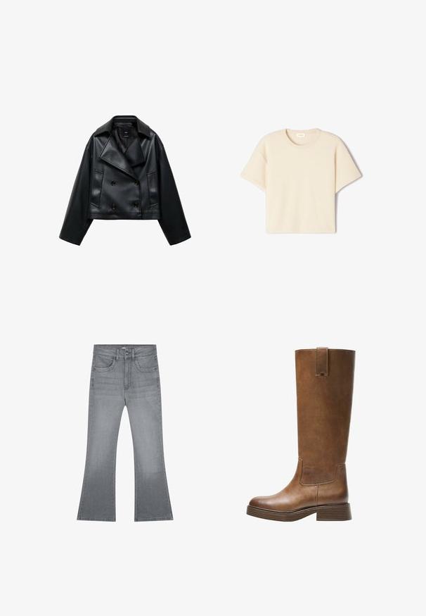 Giacca nera in ecopelle tagliata, con un design doppiopetto, ampi revers e tre bottoni frontali. Texture liscia e due tasche inclinate.; T-shirt beige a maniche corte realizzato in morbido tessuto, con scollatura rotonda e vestibilità rilassata, caratterizzato da una texture sottile e senza motivi visibili.; Jeans grigi flared in denim, caratterizzati da un classico design a cinque tasche, chiusura con bottone e una texture liscia.; Stivale marrone in pelle alto fino al ginocchio, con punta tonda, superficie testurizzata e tacco basso impilato. Presenta un pannello laterale e una linguetta di apertura in cima.