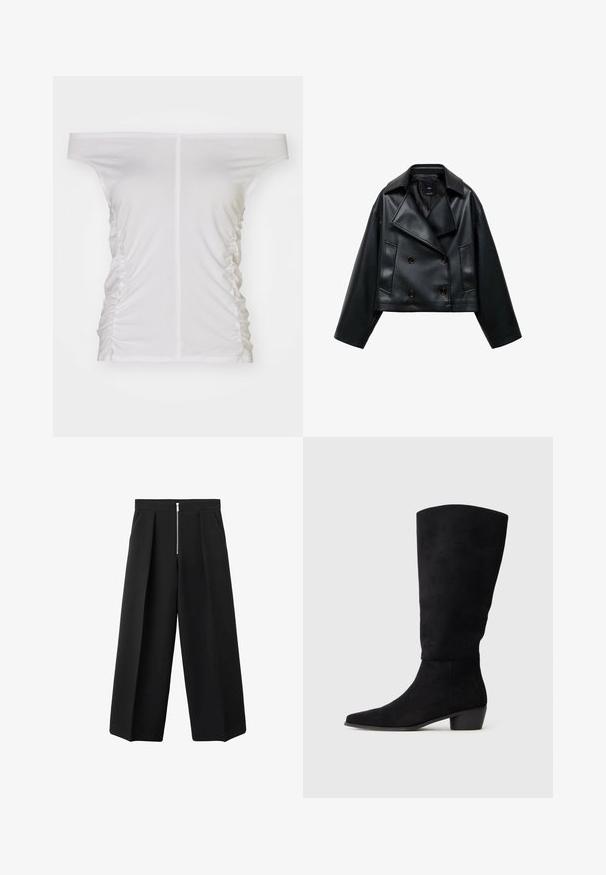 Cropped black faux leather jacket with a double-breasted design, wide lapels, and three front buttons. Smooth texture and two angled pockets.; White off-the-shoulder top, gathered side detailing, soft fabric, fitted design, and a straight neckline.; Black wide-leg trousers with front pleats and a visible silver zipper closure at the waist, flat front, and side pockets.; Black suede knee-high boot with low block heel and pointed toe, shown in side view on a plain light gray background.