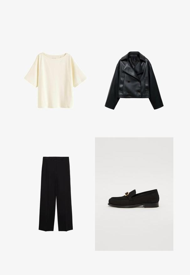 Abgeschnittene schwarze Kunstlederjacke mit doppelter Knopfleiste, breiten Revers und drei vorderen Knöpfen. Glatte Textur und zwei schräge Taschen.; Cremefarbene Baumwoll-T-Shirt, verkürztes Design, weite kurze Ärmel, runder Halsausschnitt, schlicht mit glatter Textur, keine sichtbaren Muster oder Akzente.; Schwarze weit geschnittene Hosen aus glattem Stoff, mit Falten an der Vorderseite und seitlichen Taschen, entworfen in einem geraden, lässigen Schnitt.; Schwarze Wildleder-Lederpantoletten mit einem niedrigen Absatz, ausgestattet mit einer goldfarbenen quadratischen Schnallenakzent und Stichdetails entlang des Obermaterials. Abgerundete Zehenform.