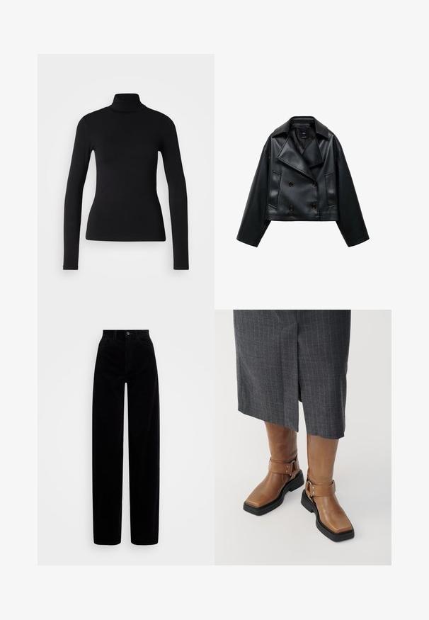 Cropped black faux leather jacket with a double-breasted design, wide lapels, and three front buttons. Smooth texture and two angled pockets.; Black turtleneck shirt made from stretchy fabric. Features long sleeves, a fitted design, and a smooth texture with no patterns or embellishments.; Black corduroy pants with a high waist, wide leg design, and a single front button closure. Smooth texture with vertical ribbing.; Brown leather knee-high boots with a square toe, black rubber sole, and adjustable buckle strap detail. Worn with a gray pinstripe skirt.