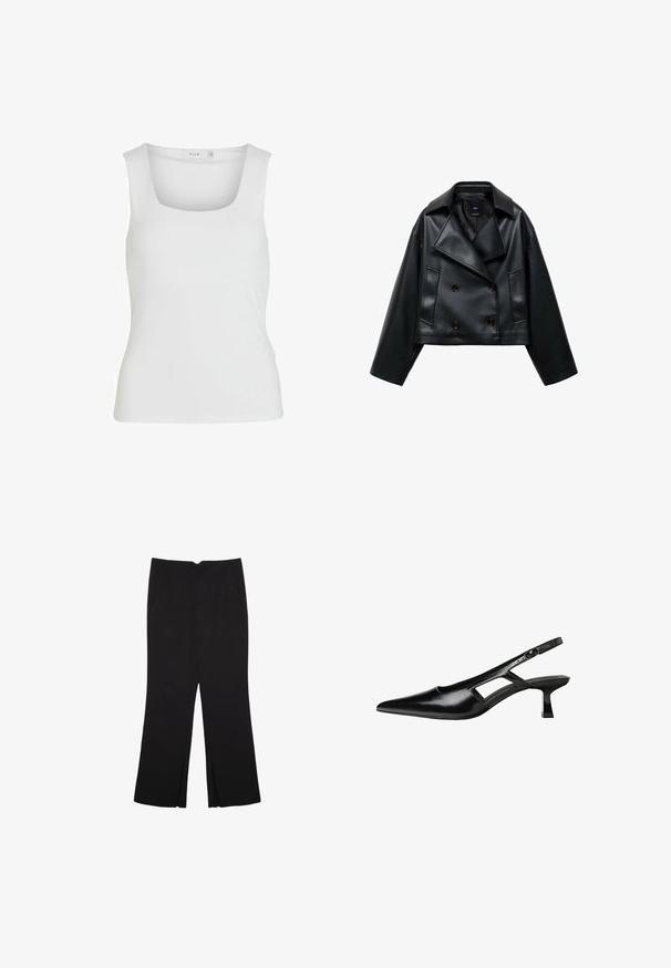 Giacca nera in ecopelle tagliata, con un design doppiopetto, ampi revers e tre bottoni frontali. Texture liscia e due tasche inclinate.; Top bianco senza maniche con scollatura quadrata, texture liscia e design aderente. Realizzato in tessuto leggero.; Pantaloni neri a gamba dritta, con tasche frontali e spacchi laterali all'orlo. Realizzati in tessuto morbido e liscio. Adatti a diverse occasioni.; Tacchi slingback in pelle verniciata nera con punta affusolata, design con tagli laterali e tacco quadrato piccolo. Texture liscia con dettagli minimi.