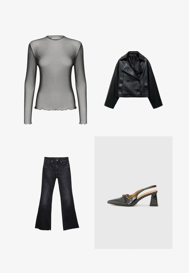 Avskuren svart fusk läderjacka med dubbelknäppning, breda slag och tre framknappar. Slät textur och två snedställda fickor.; Spets långärmad topp i genomskinlig svart tyg med rund halsringning och vågiga kanter; har en mjuk textur och lätt design.; Svarta utställda jeans i denim med en något blekt textur. Har framlappar, dragkedja och synliga sömnadsdetaljer.; Svart lackläder slingback-sko med spetsig tå, triangelklack och dekorativ rem med silverdetaljer. Slät textur.