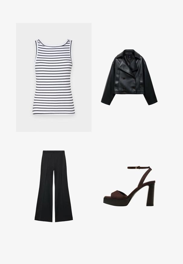 Abgeschnittene schwarze Kunstlederjacke mit doppelter Knopfleiste, breiten Revers und drei vorderen Knöpfen. Glatte Textur und zwei schräge Taschen.; Weißes Tanktop mit schwarzen Horizontalstreifen, Rundhalsausschnitt, geripptem Material und figurbetontem Schnitt. Keine Verzierungen oder Akzente.; Schwarze weit geschnittene Hose mit glatter Textur, ausgestattet mit Frontfalten und einem taillierten Design. Der Stoff ist leicht und fließend.; Braune Wildleder-Pumps mit offenem Zeh, verstellbarem Knöchelriemen und gestreiftem Plateausohlen.