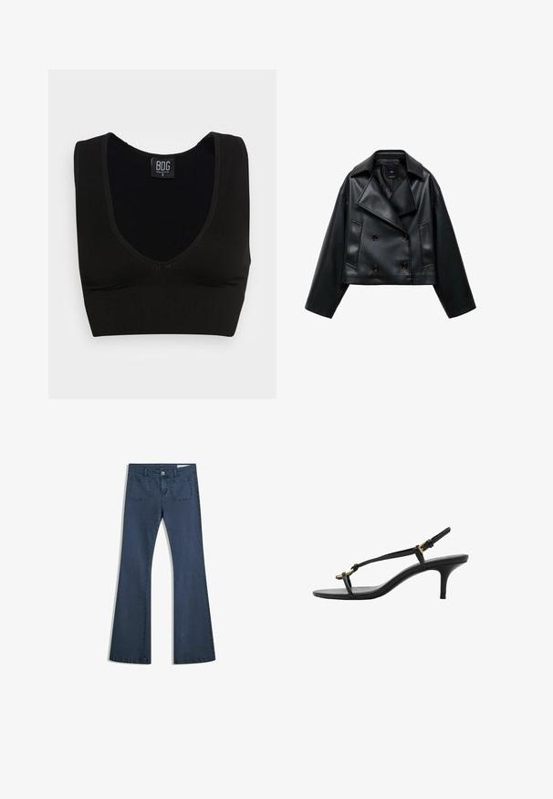 Giacca nera in ecopelle tagliata, con un design doppiopetto, ampi revers e tre bottoni frontali. Texture liscia e due tasche inclinate.; Top a coste nero corto con spalline larghe e scollatura a V profonda. L'etichetta riporta "BDG", taglia piccola, con una texture liscia e design aderente.; Jeans in denim blu scuro a fiala con tasche cucite, chiusura con bottone e una texture liscia. Presenta un classico design a cinque tasche.; Sandal con zeppa kitten nera in pelle, con sottili cinturini, fibbia dorata e una minimalista fascetta per le dita su sfondo bianco.