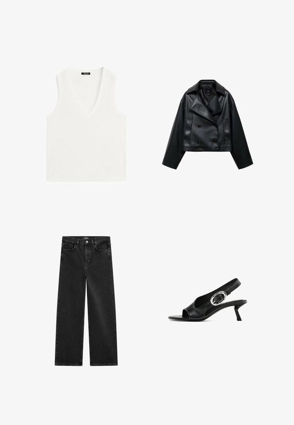 Giacca nera in ecopelle tagliata, con un design doppiopetto, ampi revers e tre bottoni frontali. Texture liscia e due tasche inclinate.; Top bianco senza maniche con scollo a V profondo, realizzato in un tessuto morbido e liscio. Orlo dritto e dettagli minimi.; Jeans in denim nero a gamba larga con un sottile motivo a righe verticali, dotati di cinque tasche e una chiusura a bottone classica in vita.; Scarpa slingback in pelle nera con punta aperta, dotata di una particolare fibbia ovale argento sulla cinghia e un tacco a rocchetto sottile. Texture liscia.