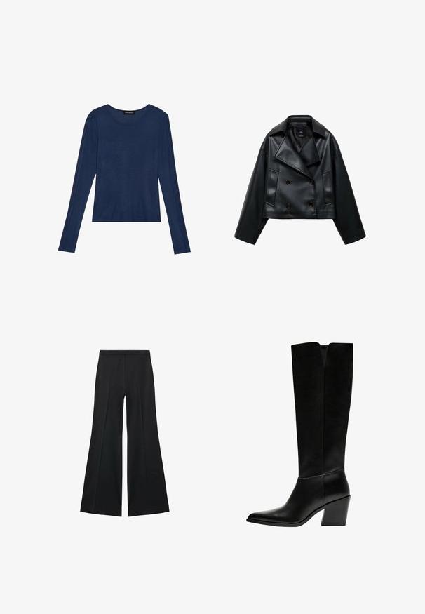 Jachetă din piele ecologică neagră, scurtă, cu un design din două rânduri de nasturi, rever larg și trei nasturi frontali. Textură netedă și două buzunare înclinate.; Tricou cu mânecă lungă de culoare bleumarin, dintr-un material moale, cu decolteu rotund și cusături plate pe mâneci, având o croială lejeră.; Pantaloni negri cu croială largă, având o textură netedă, cu pliseuri frontale și un design croit. Materialul este ușor și fluid.; Cizme negre până la genunchi, fabricate din piele netedă, cu vârf ascuțit, toc pătrat și o decupare în formă de V în partea de sus.