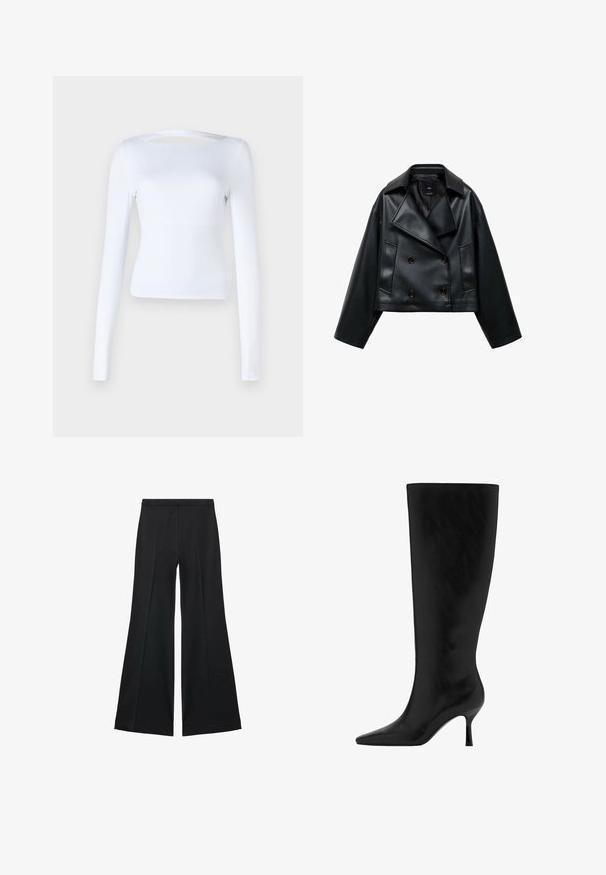 Zkrátená čierna umelá kožená bunda s dvojakým zapínaním, širokými klopami a tromi prednými gombíkmi. Hladká textúra a dve šikmé vrecká.; Biely dlhej rukávov top s obdĺžnikovým výstrihom a výrezom na chrbte. Vyrobený z hladkej, elastickej tkaniny. Úzky strih.; Čierne široké nohavice s hladkou textúrou, s prednými záhybmi a elegantným strihom. Materiál je ľahký a pruhlý.; Čierne kožené čižmy po kolená s špicatou špičkou a stiletto opätkom. Hladká textúra s elegantným dizajnom, bez viditeľných kovových súčiastok alebo ozdôb.
