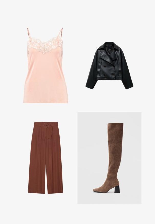 Afgesneden zwarte neplederen jas met een dubbelknopens ontwerp, brede revers en drie knopen aan de voorkant. Glad textuur en twee schuine zakken.; Perzikkleurige cami met verstelbare bandjes, voorzien van een kantafwerking langs de halslijn. Gladde stof, zachte textuur en een relaxed fit.; Brunnen wijduitlopende broeken van stof, met een riem met een vierkante gesp, geplooid ontwerp en een gladde textuur.; Bruine boven-de-knie laarzen van zacht suede met een spitse neus en een chunky zwarte hak. Het ontwerp heeft naadloze stiksels voor een strakke uitstraling.