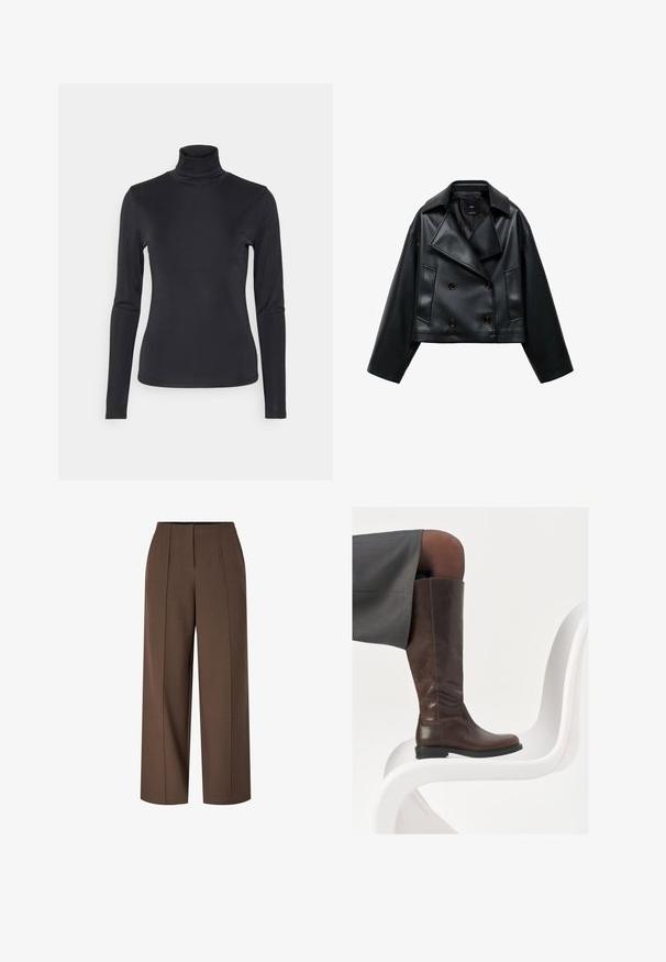 Jachetă din piele ecologică neagră, scurtă, cu un design din două rânduri de nasturi, rever larg și trei nasturi frontali. Textură netedă și două buzunare înclinate.; Cămașă neagră cu guler înalt, cu mânecă lungă, realizată dintr-un material neted și elastic. Prezintă un design ajustat și un stil minimalist, fără modele vizibile.; Pantaloni maro cu talie înaltă, cu picioare largi, dotati cu plii frontale și închidere cu fermoar ascuns în față.; Cizma din piele maro până la genunchi, cu vârf rotund, textură netedă și detalii minime de cusătură, așezată pe un fundal deschis, pe un scaun alb.