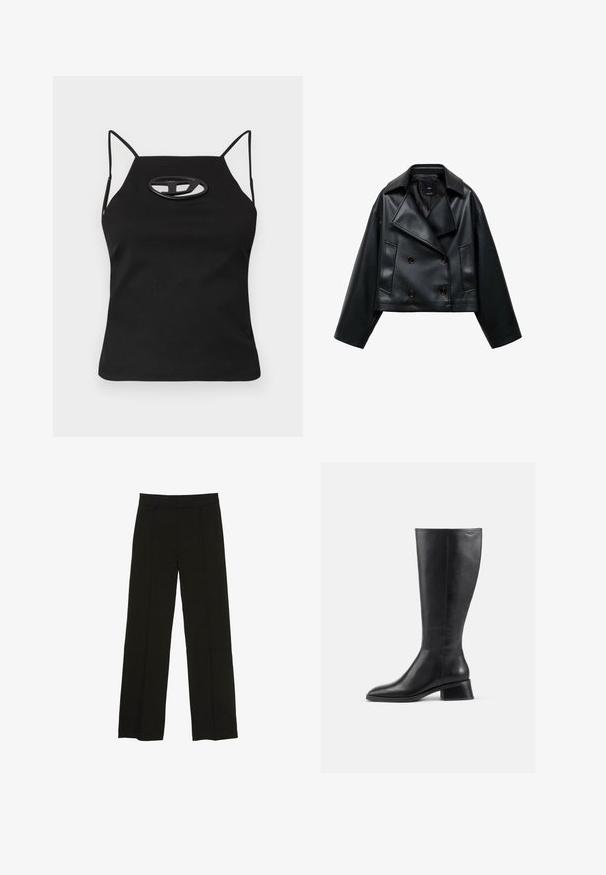 Leikkattu musta tekonahkajakku kaksoisnappisuunnittelulla, leveillä liepeillä ja kolmella etunapilla. Tasainen pinta ja kaksi kulmaista taskua.; Musta ilmanhiha, jossa on ohuet hihnat ja leikkauksen ovaalimainen yksityiskohta rinnassa. Valmistettu sileästä, joustavasta kankaasta.; Mustat leveälahkeiset housut, jotka on valmistettu sileästä kankaasta. Niissä on istuva vyötärö ja hienovaraiset etupleatit, jotka lisäävät tekstuuria.; Musta nahkainen saapas polven korkeudelle, jossa on pyöreä kärki ja matala lohkokorko. Ominaisuuksiin kuuluu sileä pinta ja vähäinen ompelu yksityiskohtana.