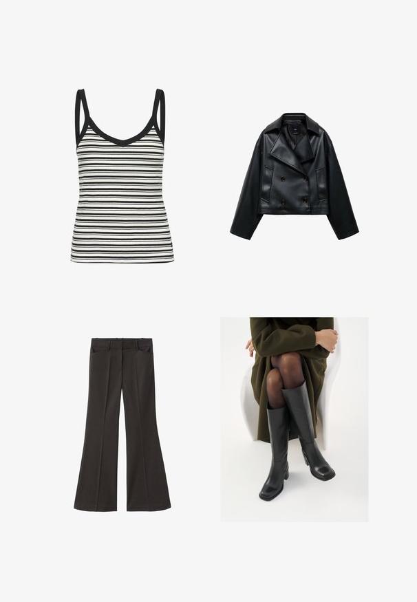 Skrajna črna jakna iz umetnega usnja z dvorednim zapenjanjem, širokimi reverji in tremi sprednjimi gumbi. Gladka tekstura in dva poševna žepa.; Črno-bela črtasta majica brez rokavov z V-izrezom in tankimi naramnicami, ki ima ribasto teksturo in črno obrobo ob izrezu in armholes.; Črne razširjene hlače z visokim pasom; vključujejo dva sprednja žepa in gladko teksturo tkanine. Primerne za različne priložnosti.; Črne usnjene čevlje do kolen s kvadratnim prstom in blok peto, prikazani na modelu, ki sedi v olivno zeleni plašču. Gladka tekstura, minimalne podrobnosti.