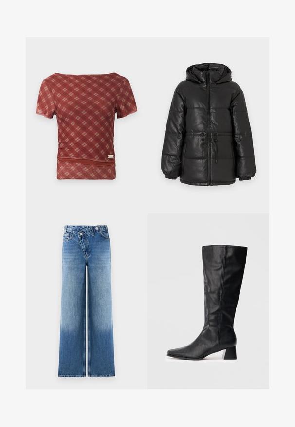 Must musta jope, millel on läikiv tekstuur, ees lukuga sulgemine, elastsed mansetid, nööriga vöökoht ja kapuuts lisasoojustamiseks.; Punane ja beež ruuduline lühikeste varrukatega pluus, millel on sile tekstuur ja vormiv vöökoht, ning hemline, millel on peen volditud detail.; Heledad sinised laiad püksid, millel on kulunud pesu, klassikalise viie taskuga disain ja metallnupukillad vööl.; Must sukalapala nahkasaapad terava nina ja ploki kontsaga, kerget heledal taustal.