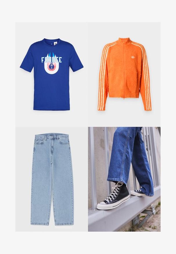 Casaco laranja felpudo com fecho zip, com gola alta, apresentando três riscas brancas em cada manga e um pequeno logo branco no peito.; T-shirt de algodão azul com a palavra "FRANÇA" em branco, apresentando uma gráfica circular abaixo, exibindo uma bola de futebol e um logotipo em vermelho e azul.; Jeans de denim azul claro com design de perna reta, apresentando uma cintura de altura média, cinco bolsos e um fecho de botão e zíper.; Ténis altos pretos com sola e atacadores brancos, combinados com jeans azul desgastado, repousando sobre um corrimão cinza.